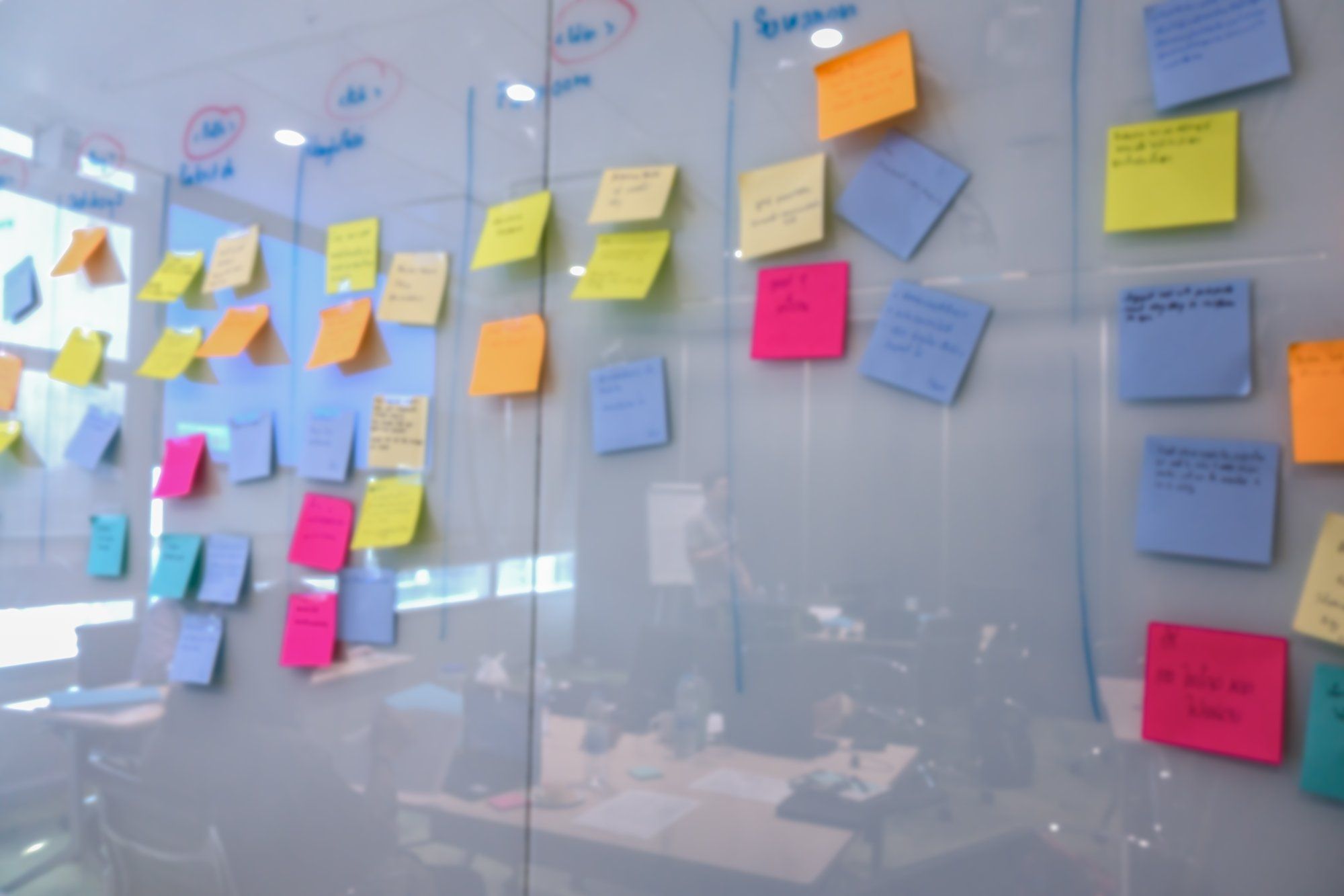 The revision of ISO 9001 is symbolized by a glass whiteboard with colourful notes.